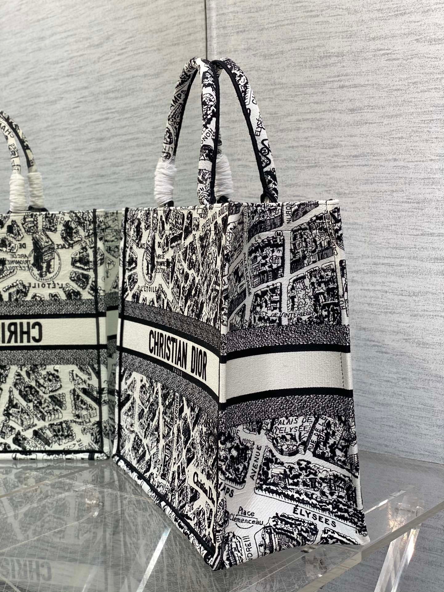 D*or large book tote bag in white plan de paris embroidery