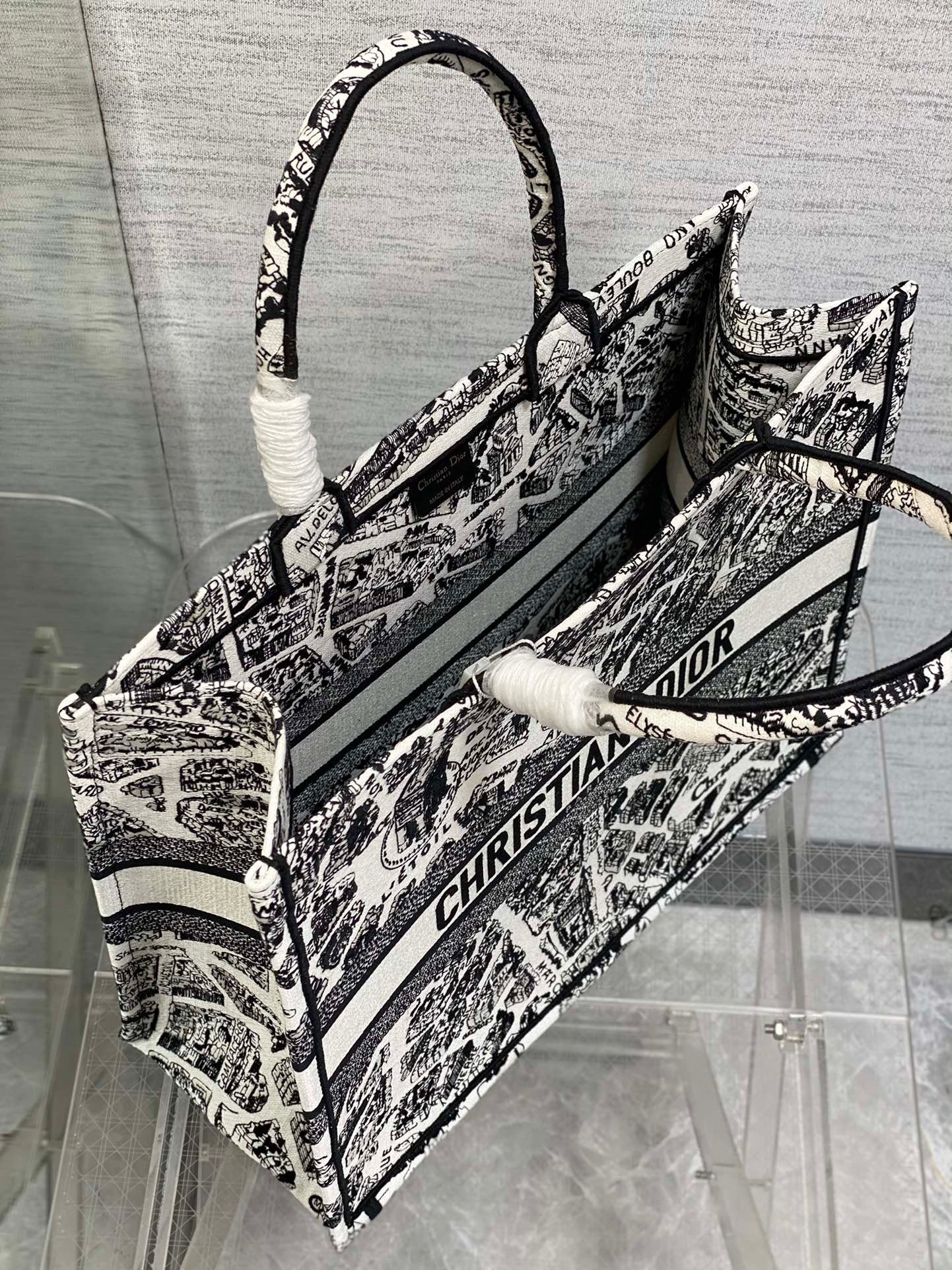 D*or large book tote bag in white plan de paris embroidery