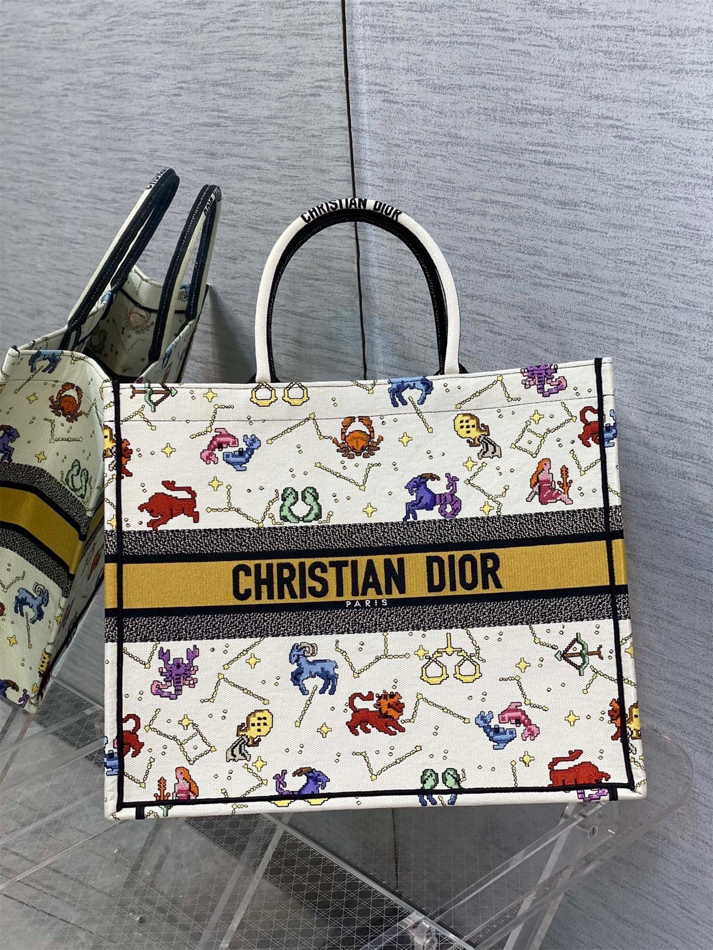 D*or large book tote bag in white pixel zodiac embroidery