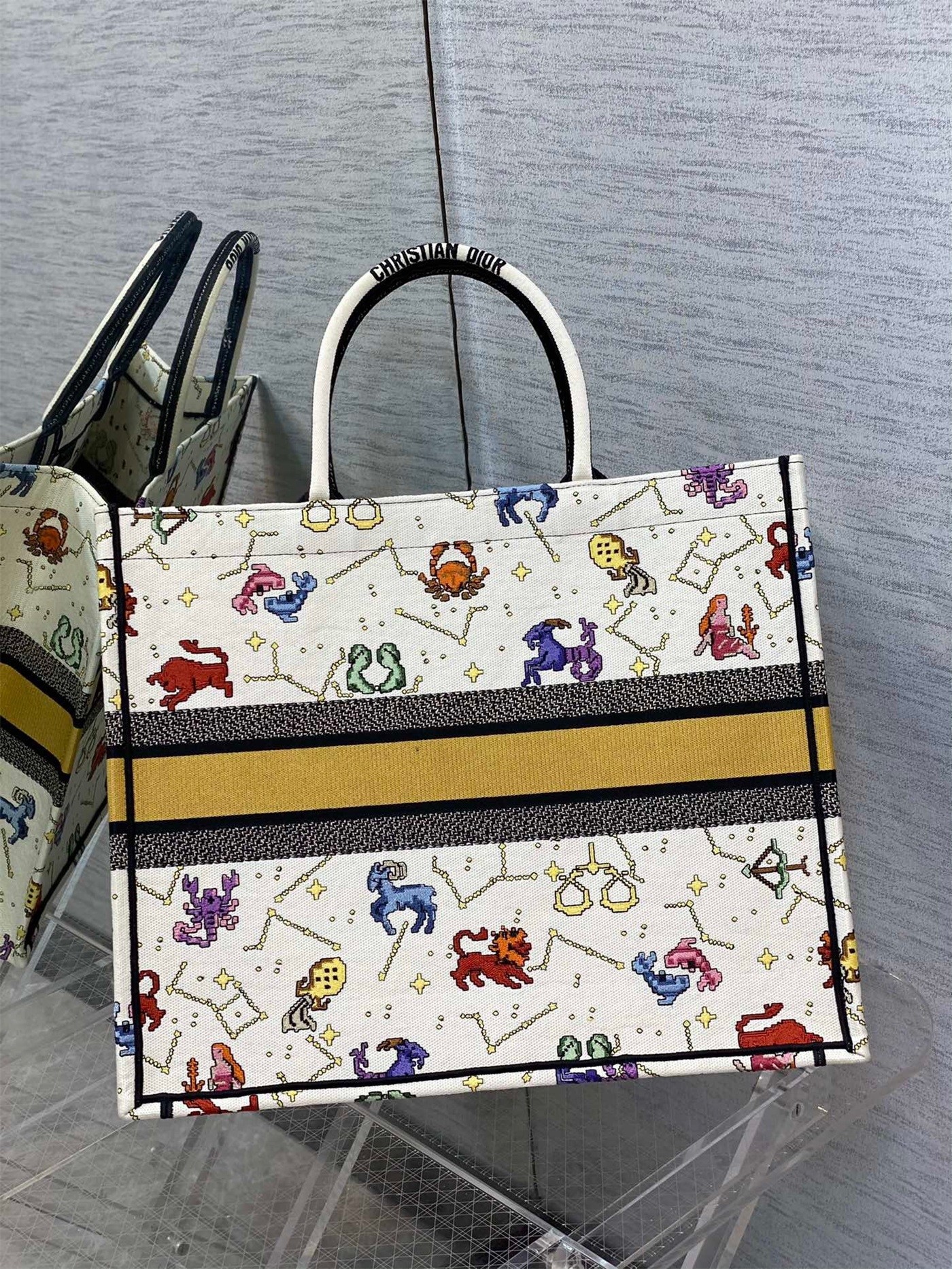 D*or large book tote bag in white pixel zodiac embroidery
