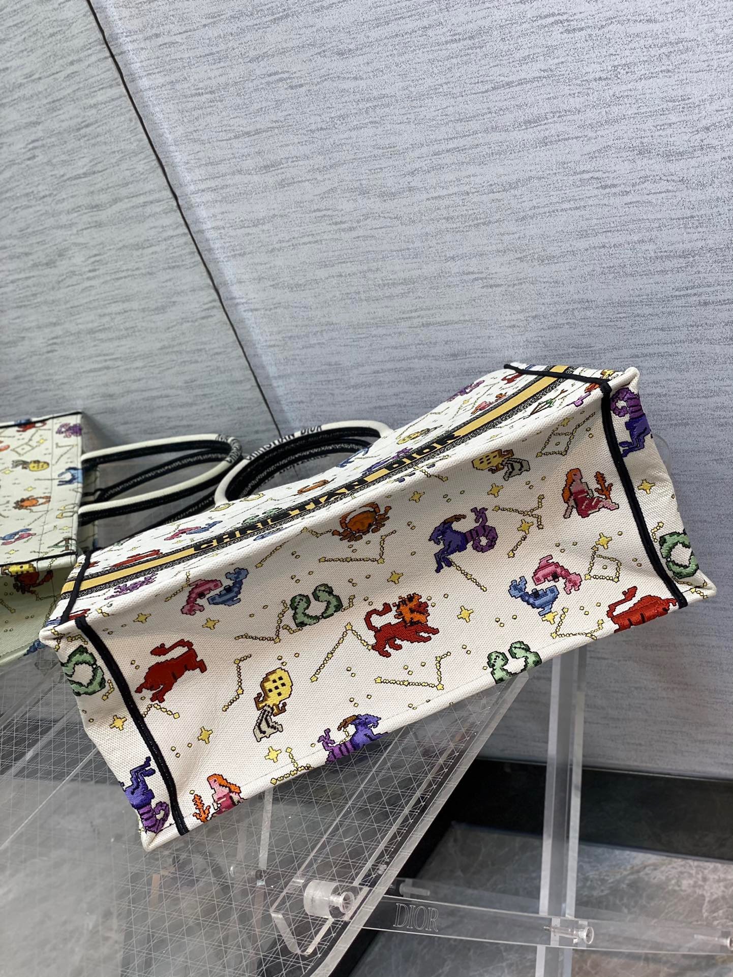 D*or large book tote bag in white pixel zodiac embroidery