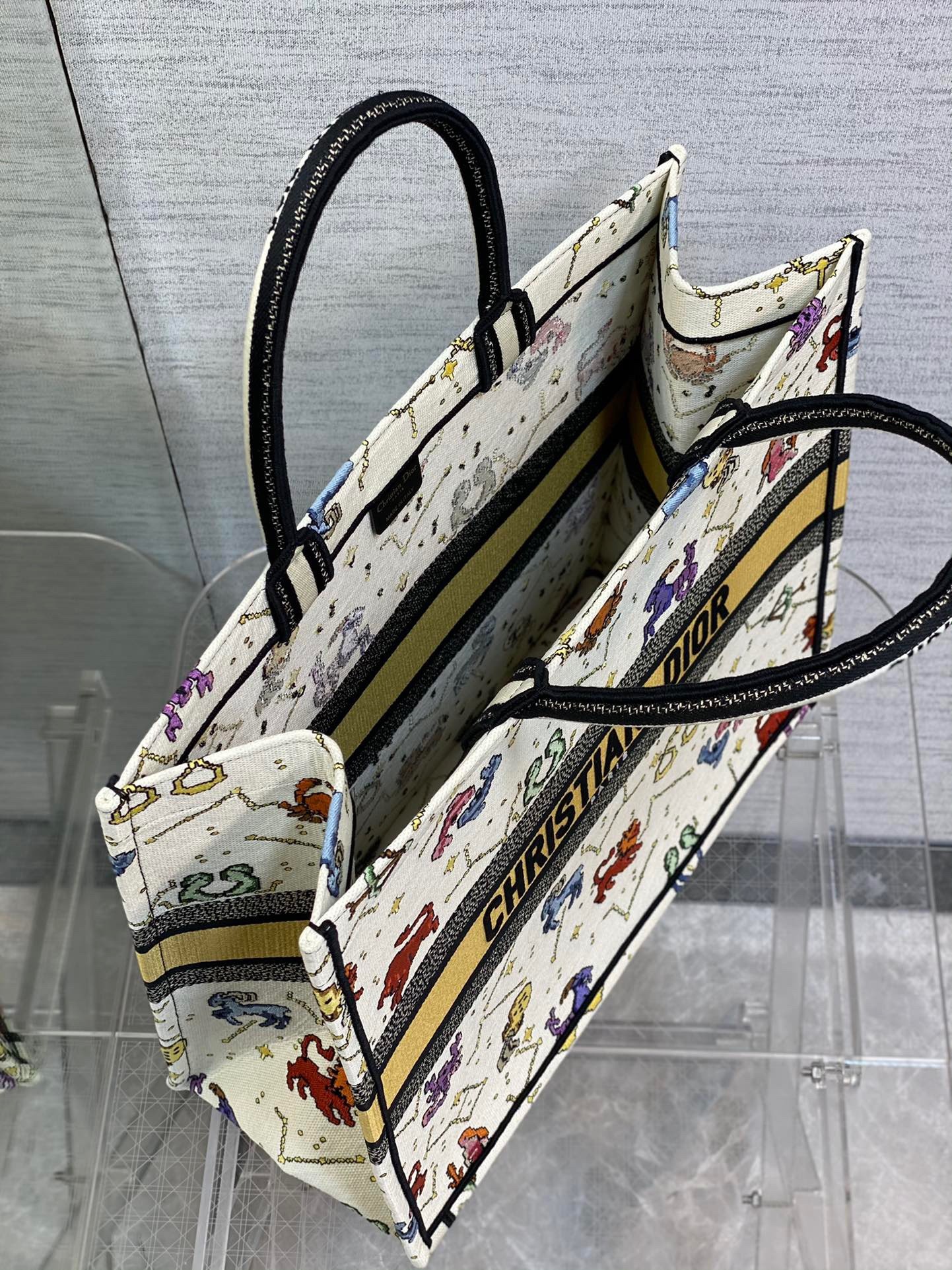 D*or large book tote bag in white pixel zodiac embroidery