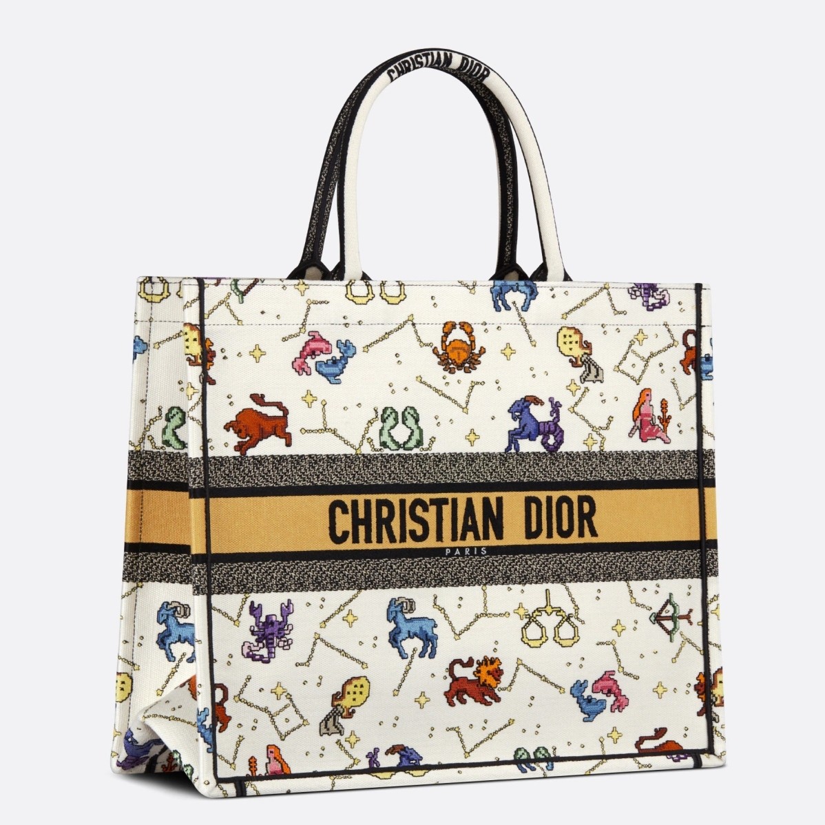 D*or large book tote bag in white pixel zodiac embroidery