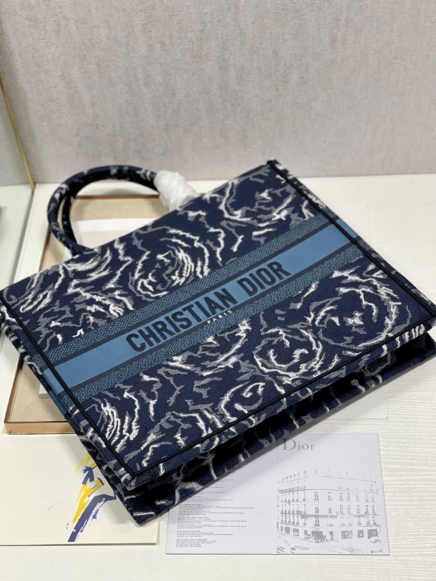 D*or large book tote in blue D*or roses embroidery
