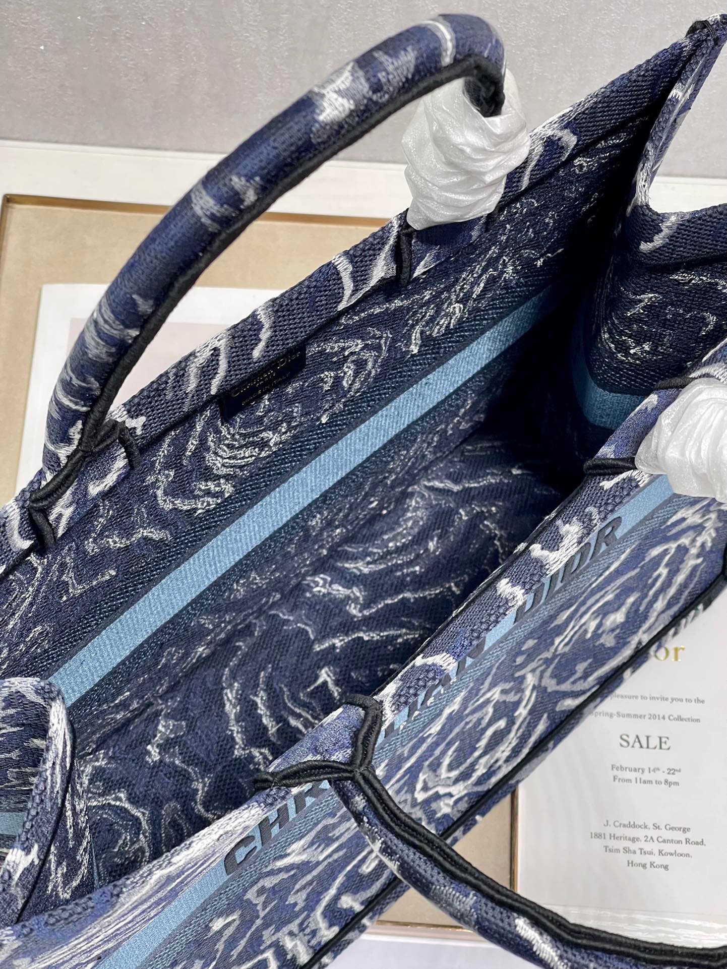 D*or large book tote in blue D*or roses embroidery