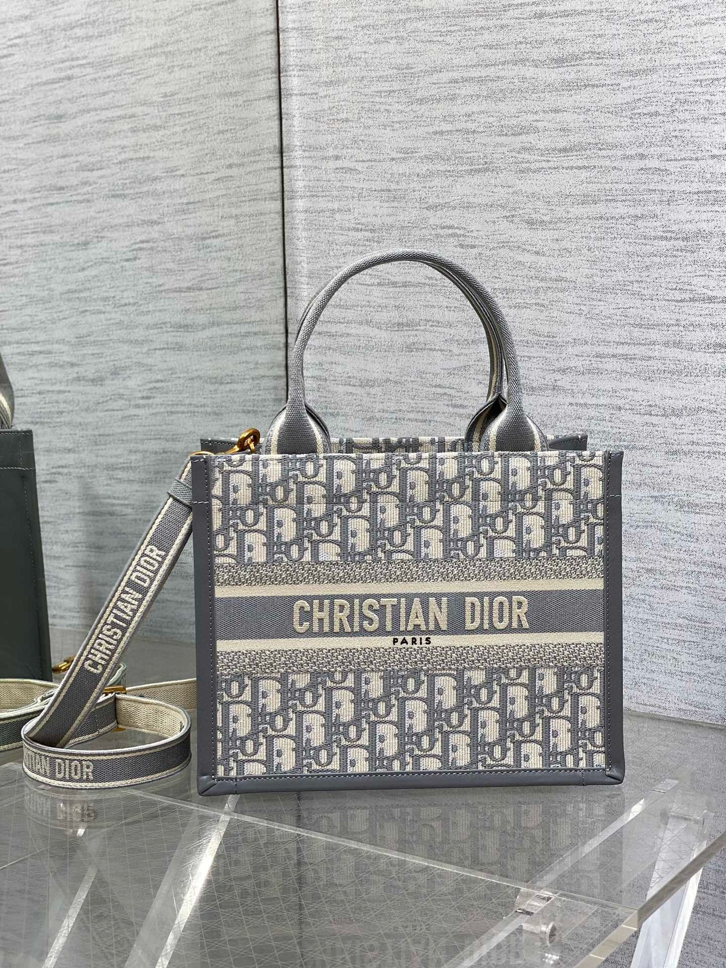 D*or small book tote bag with strap in grey D*or oblique canvas