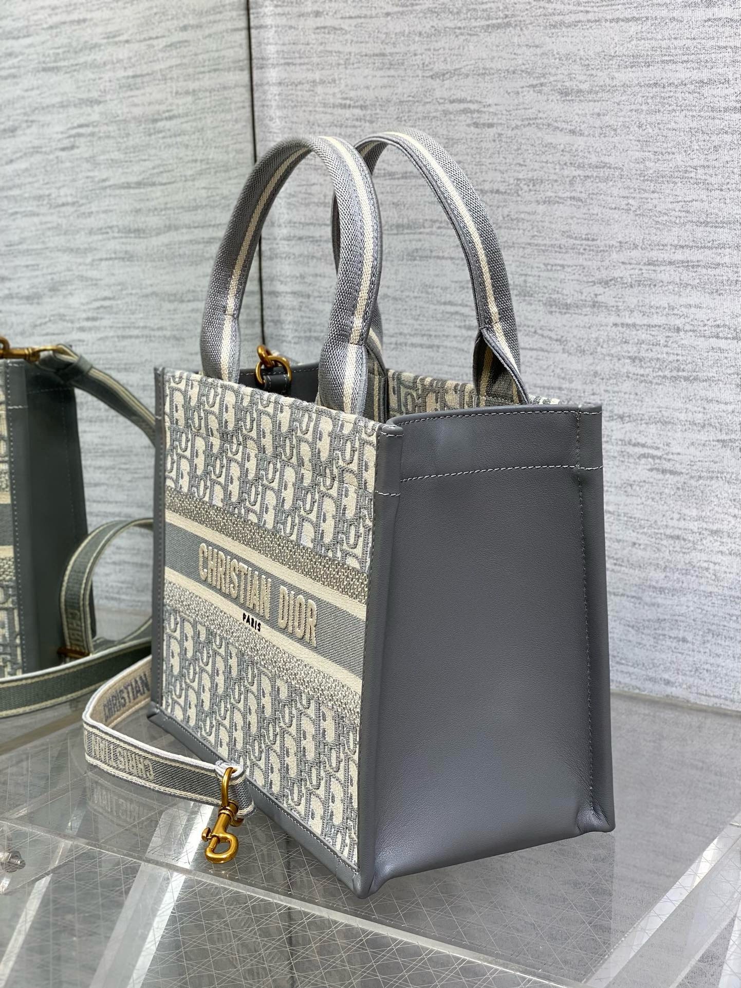 D*or small book tote bag with strap in grey D*or oblique canvas