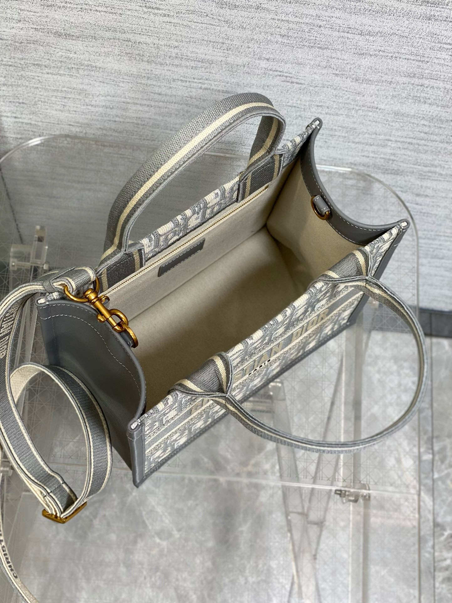 D*or small book tote bag with strap in grey D*or oblique canvas