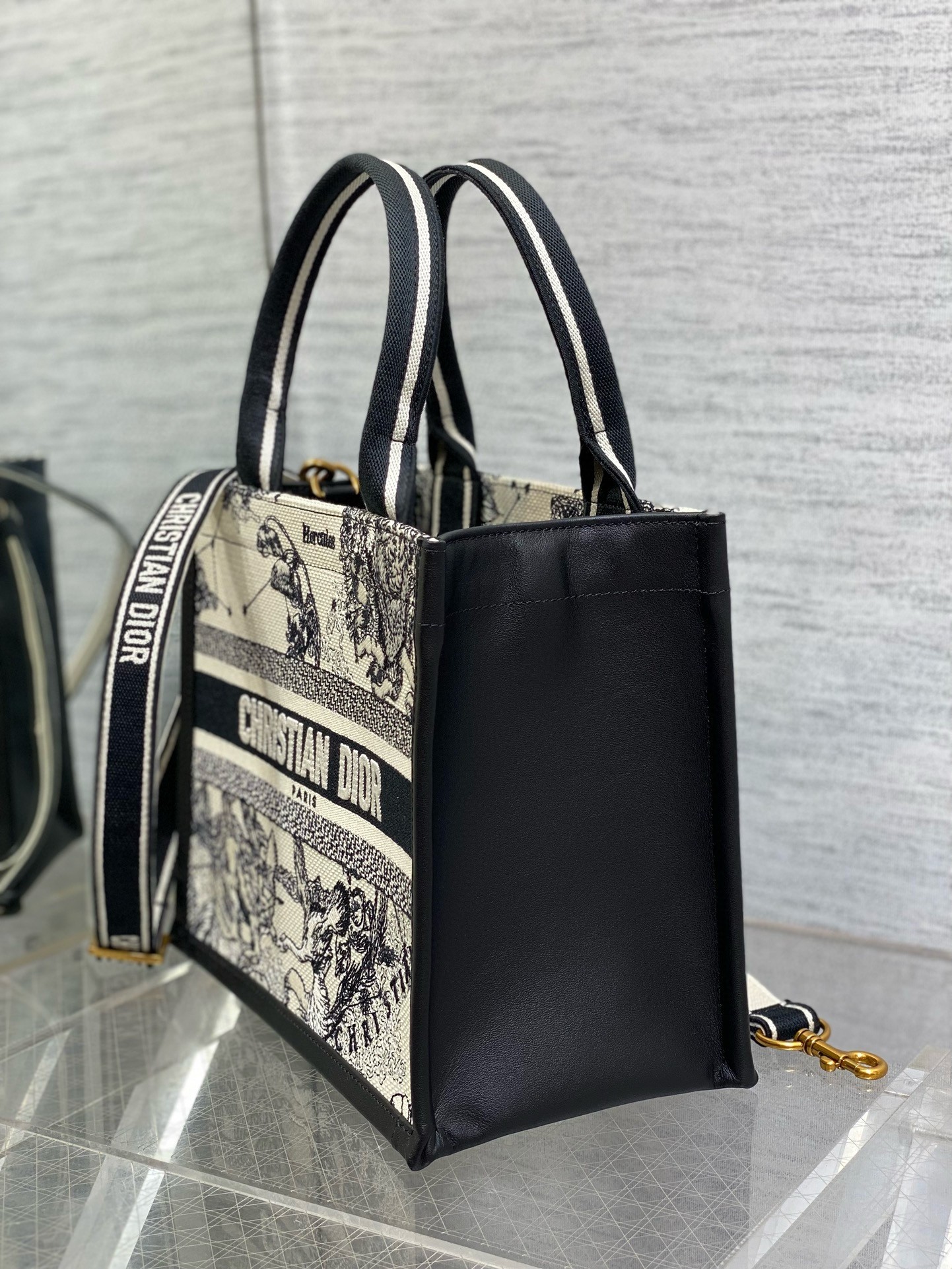 D*or small book tote bag with strap in zodiac embroidery and black calfskin