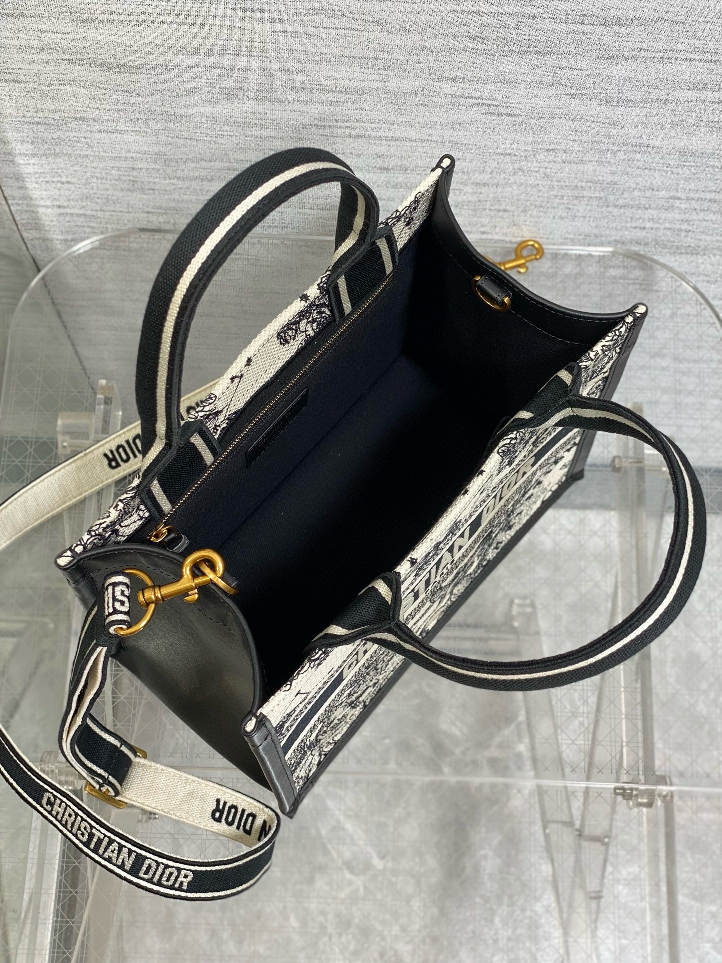 D*or small book tote bag with strap in zodiac embroidery and black calfskin