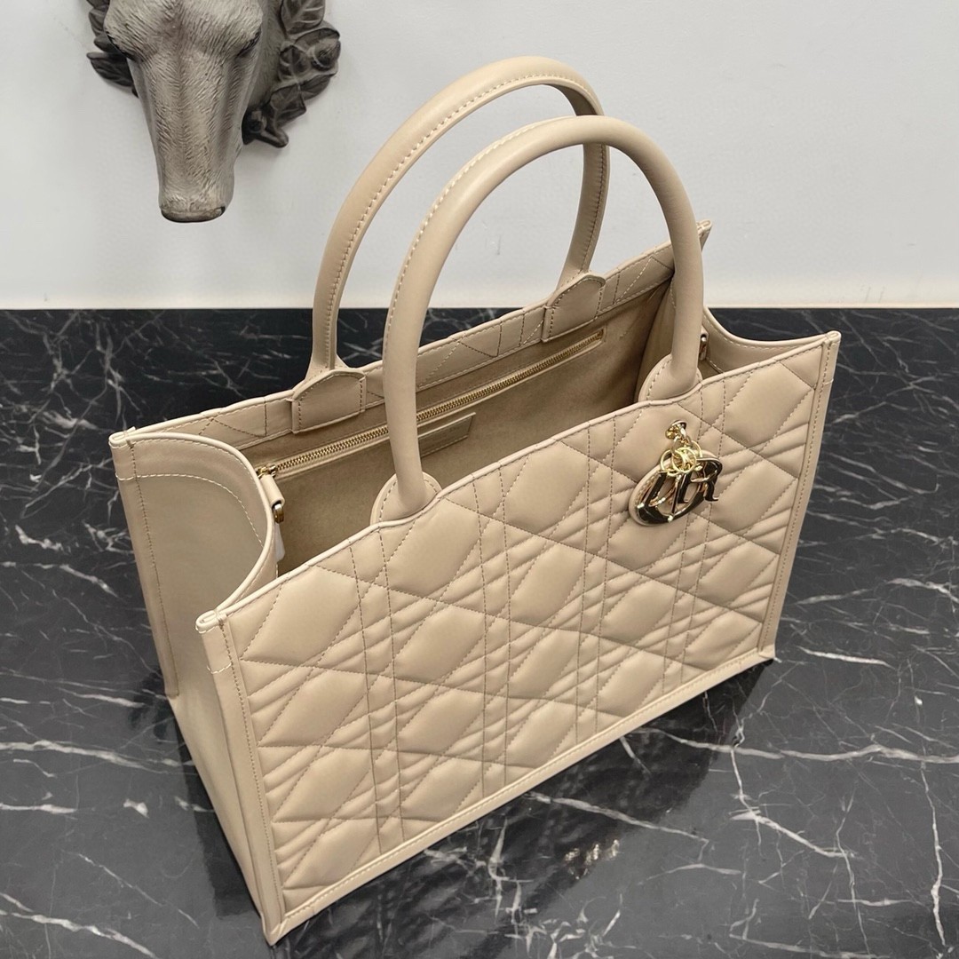 D*or medium book tote bag with strap in beige macrocannage calfskin