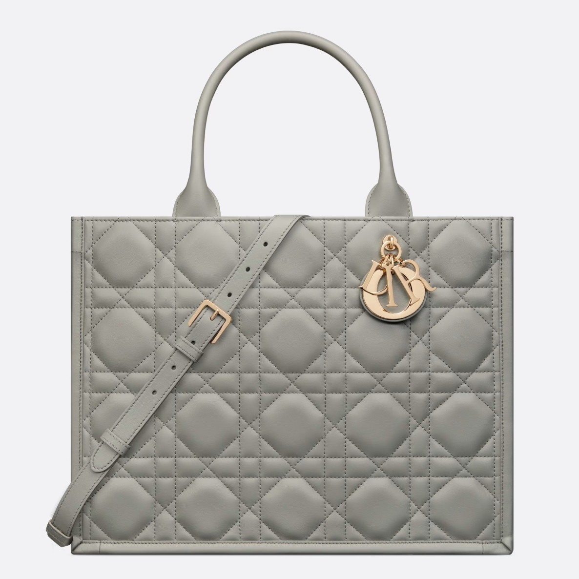 D*or medium book tote bag with strap in grey macrocannage calfskin