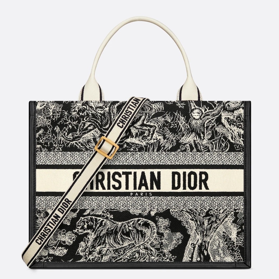 D*or medium book tote bag with strap in toile de jouy reverse embroidery