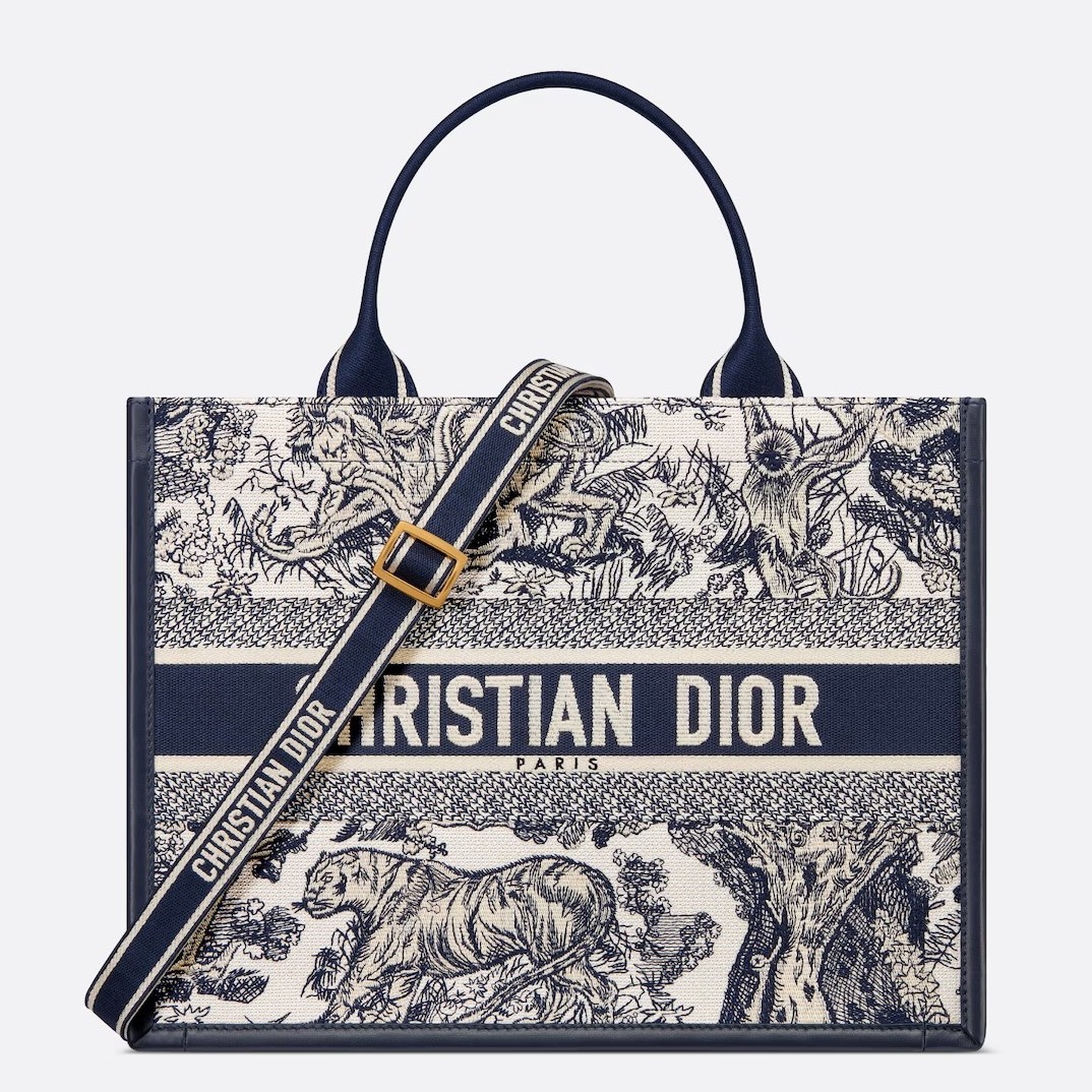 D*or medium book tote bag with strap in blue toile de jouy sauvage embroidery