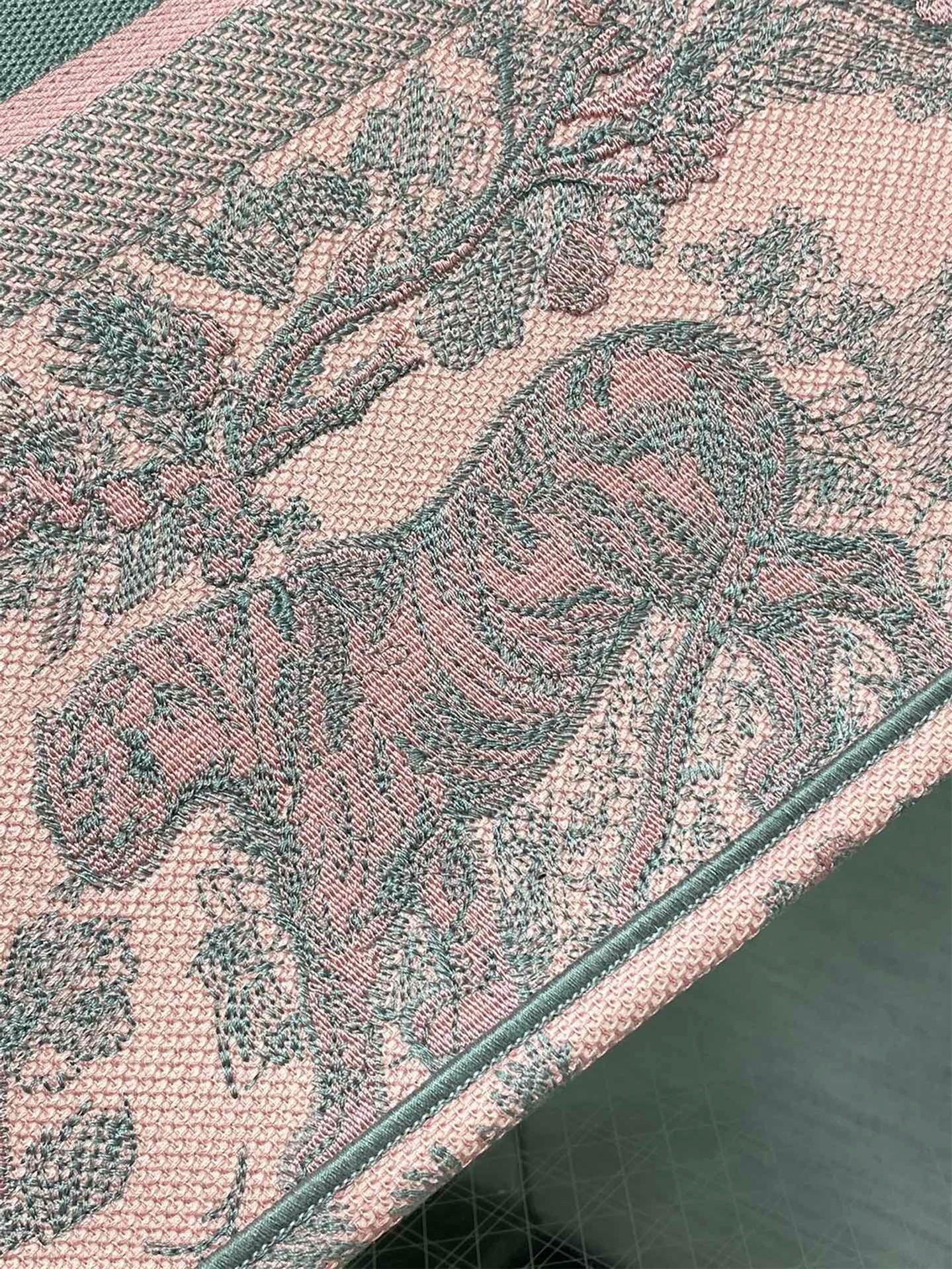 D*or large book tote bag in pink and gray toile de jouy sauvage embroidery
