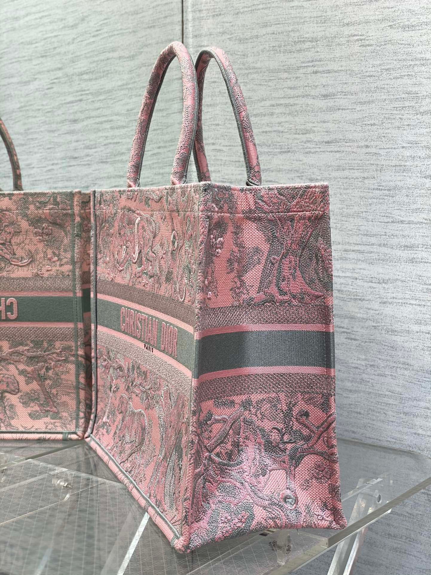 D*or large book tote bag in pink and gray toile de jouy sauvage embroidery