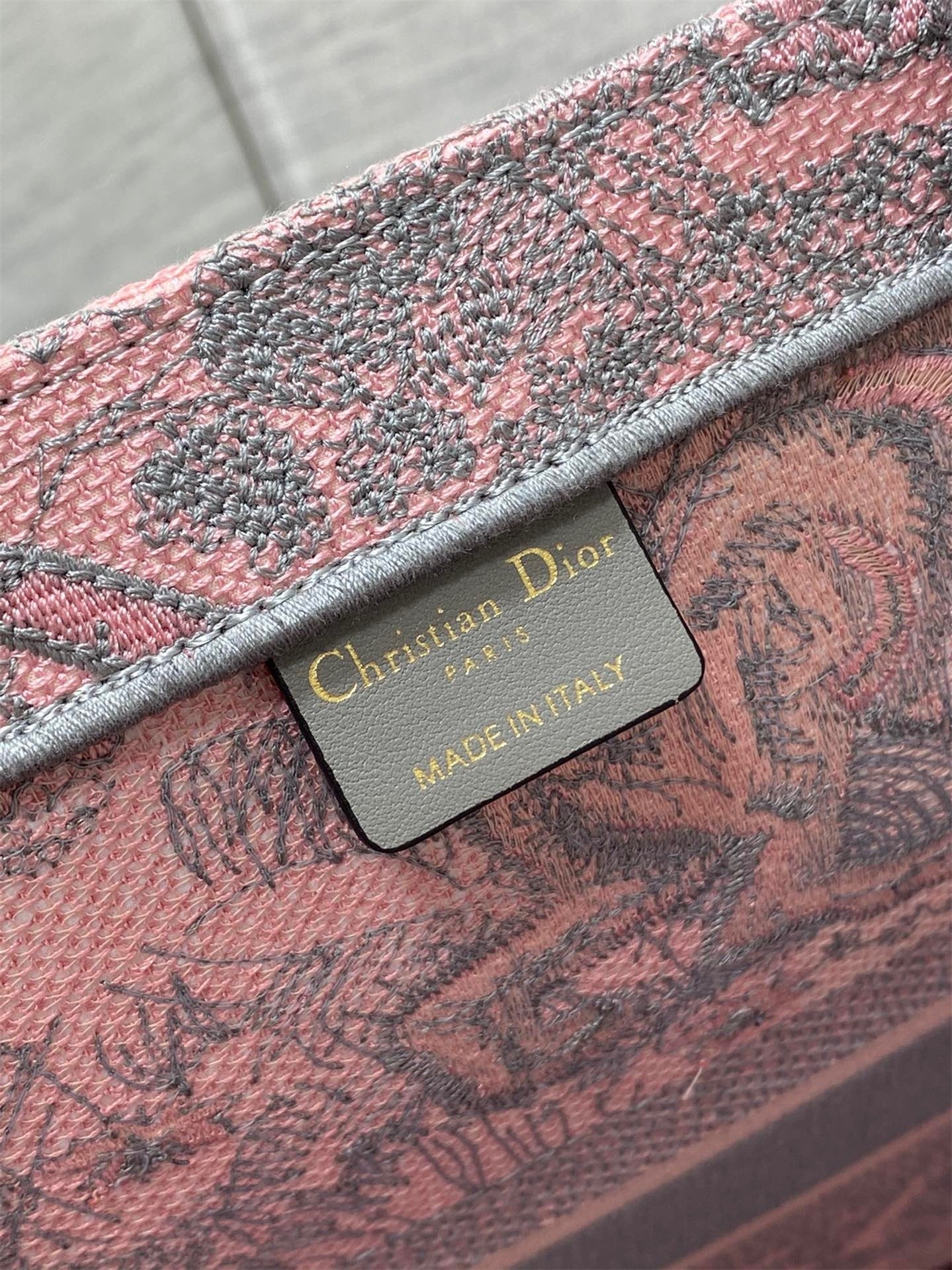 D*or large book tote bag in pink and gray toile de jouy sauvage embroidery