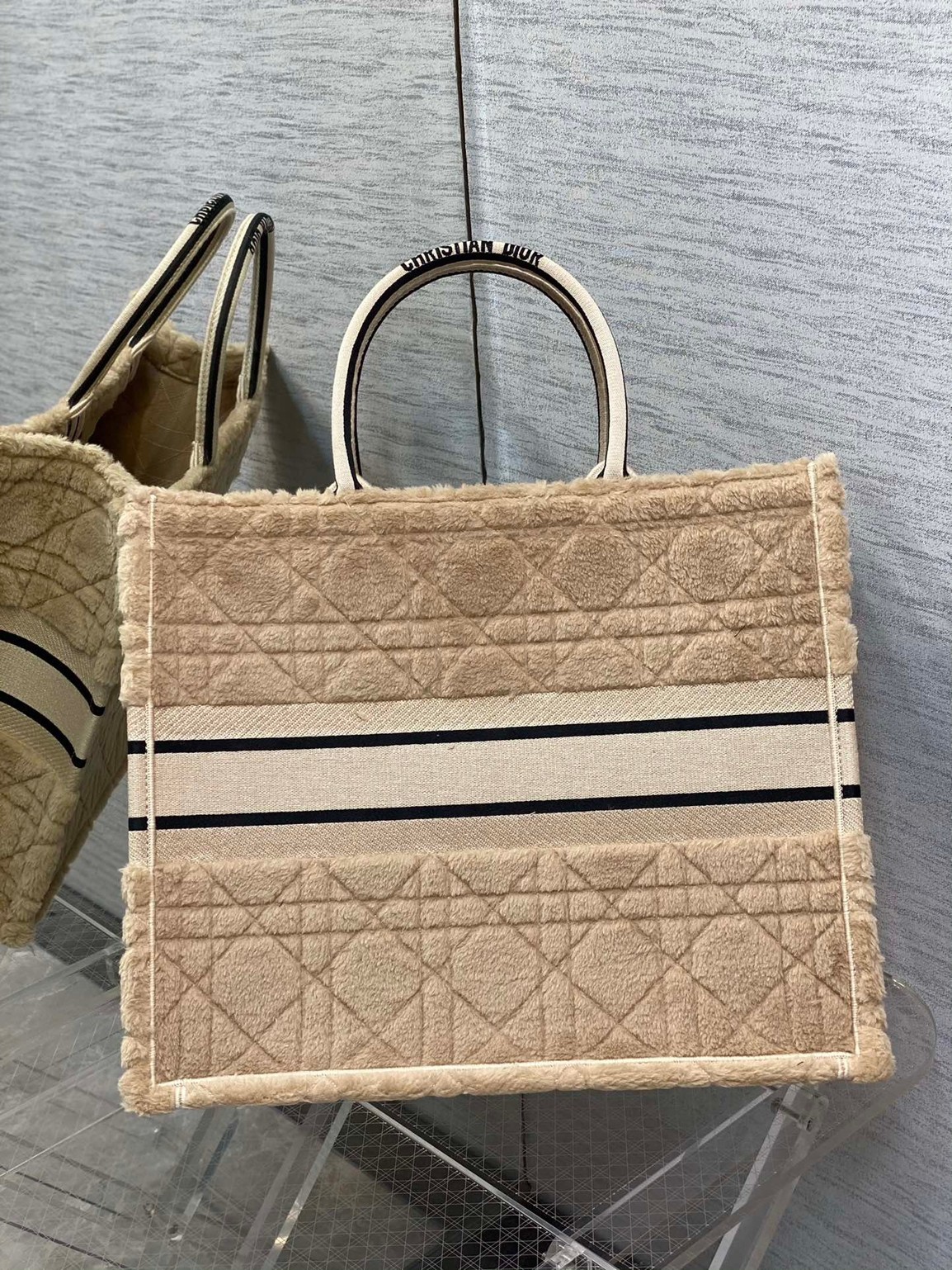 D*or large book tote bag in beige cannage shearling