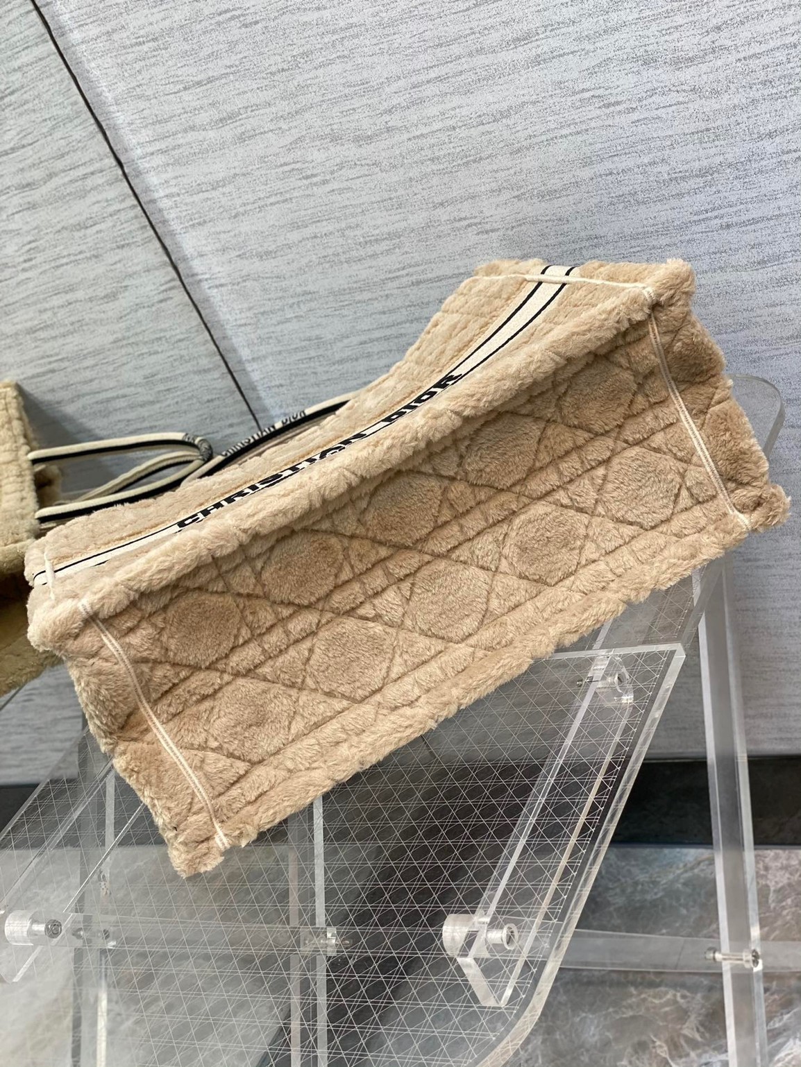D*or large book tote bag in beige cannage shearling