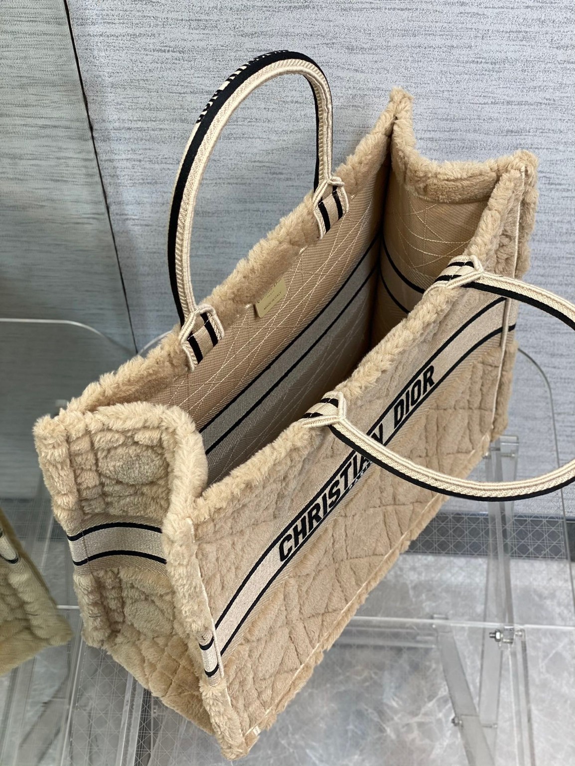 D*or large book tote bag in beige cannage shearling