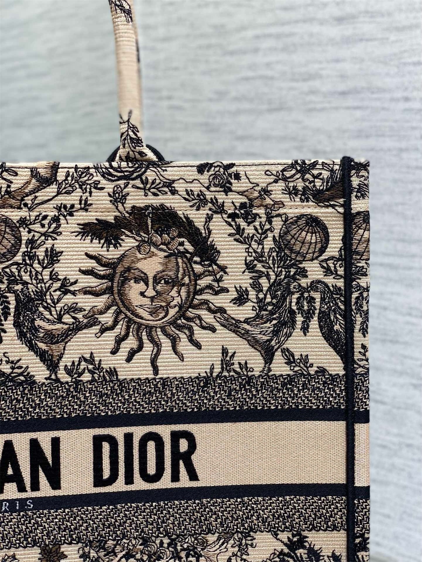 D*or large book tote bag in beige toile de jouy soleil embroidery