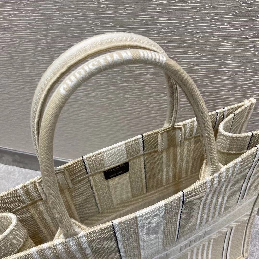 D*or book tote bag in beige stripes embroidery