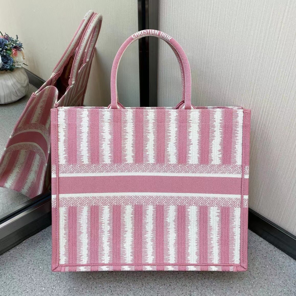 D*or book tote bag in pink d-stripes embroidery