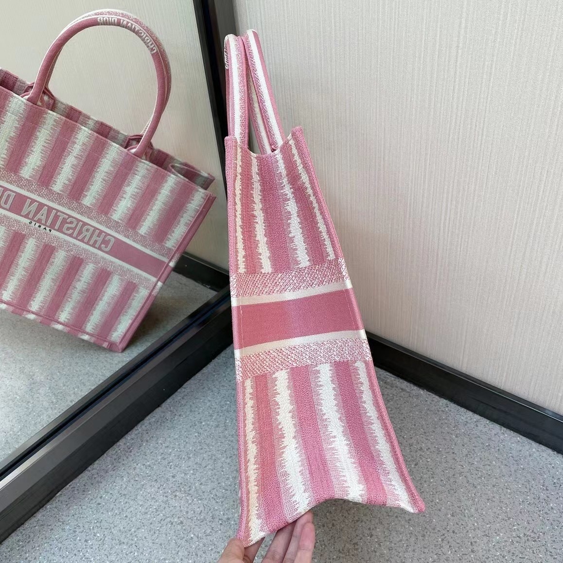 D*or book tote bag in pink d-stripes embroidery