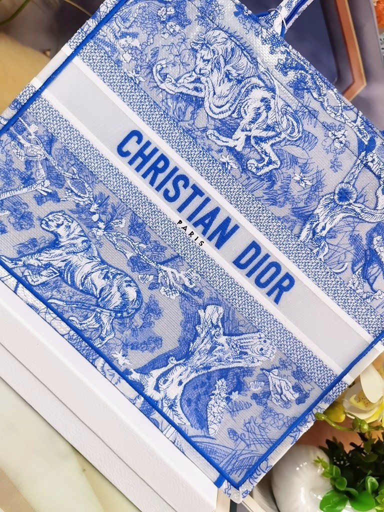 D*or large book tote bag in blue transparent toile de jouy canvas