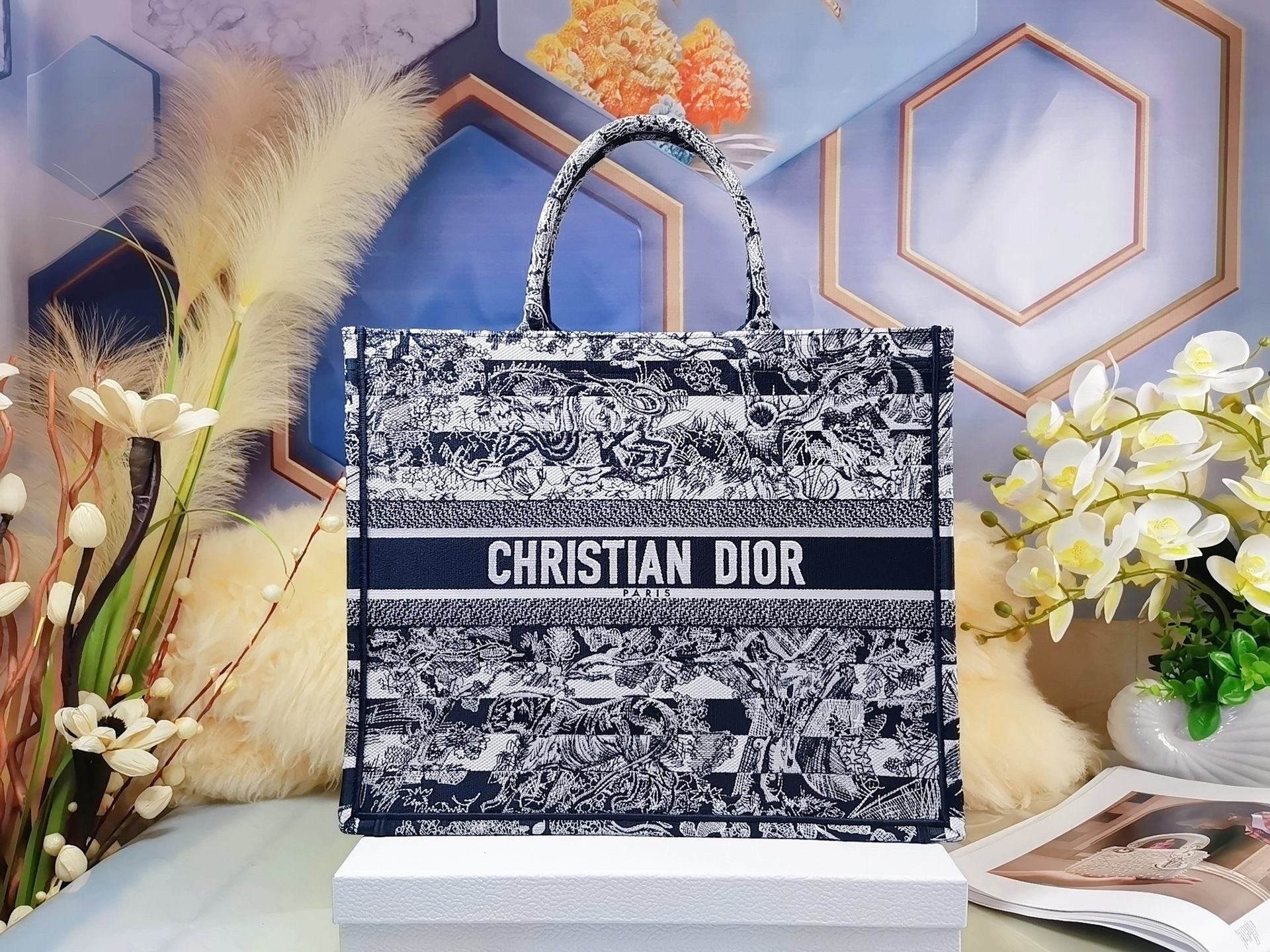 D*or large book tote bag in blue toile de jouy stripes embroidery