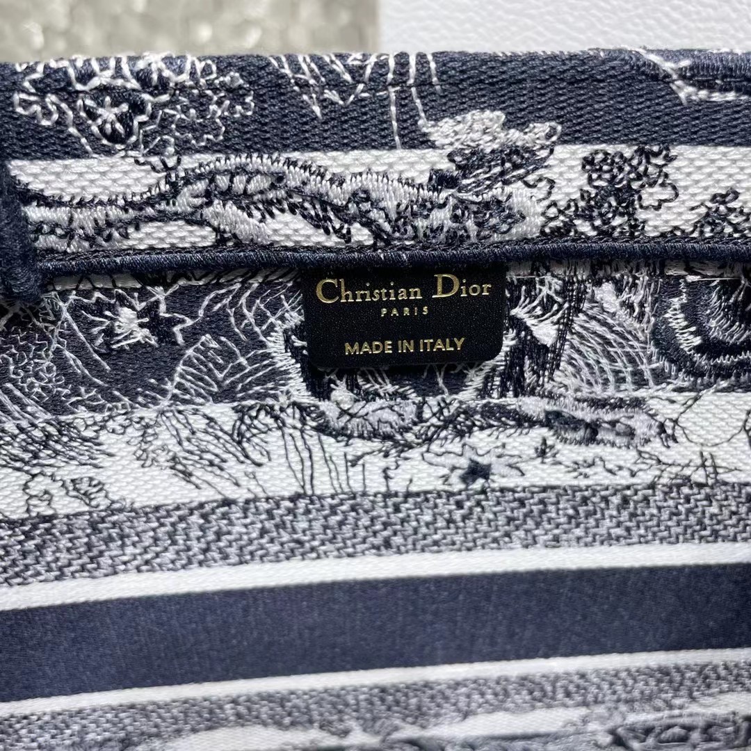D*or large book tote bag in blue toile de jouy stripes embroidery