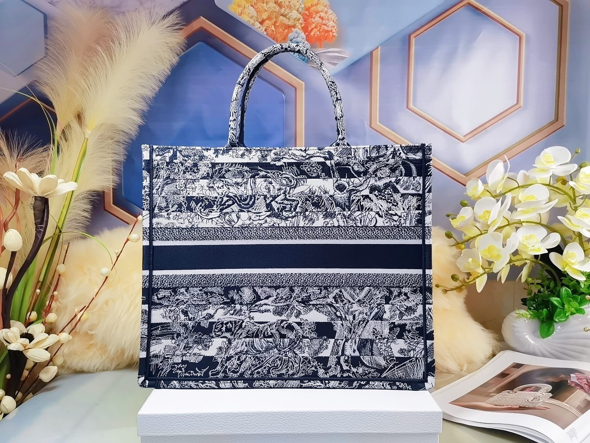 D*or large book tote bag in blue toile de jouy stripes embroidery