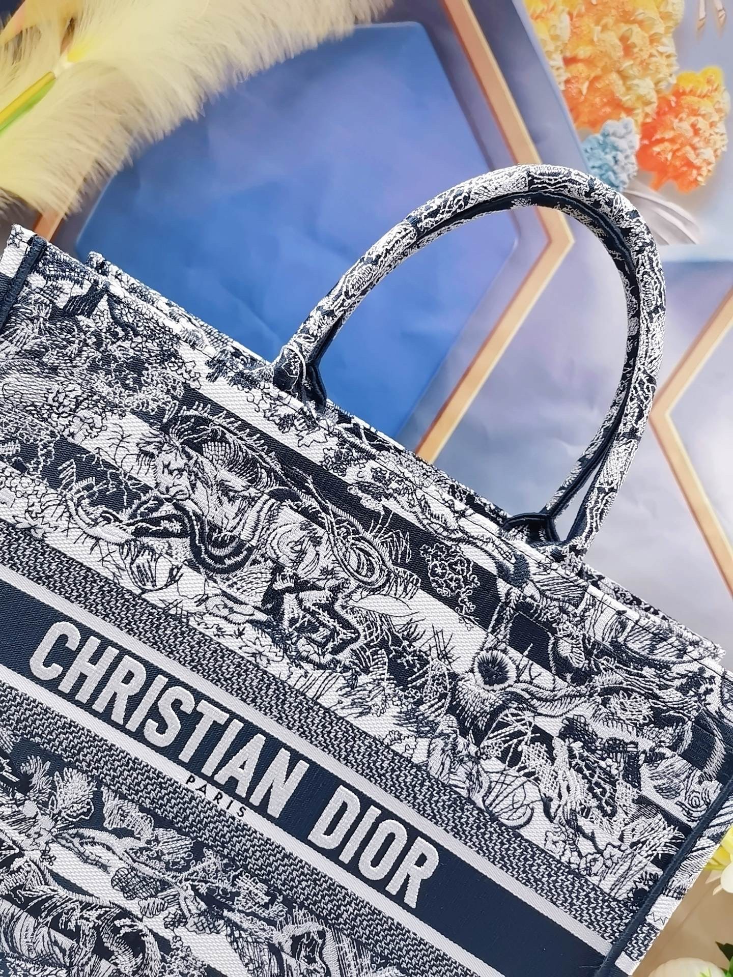 D*or large book tote bag in blue toile de jouy stripes embroidery