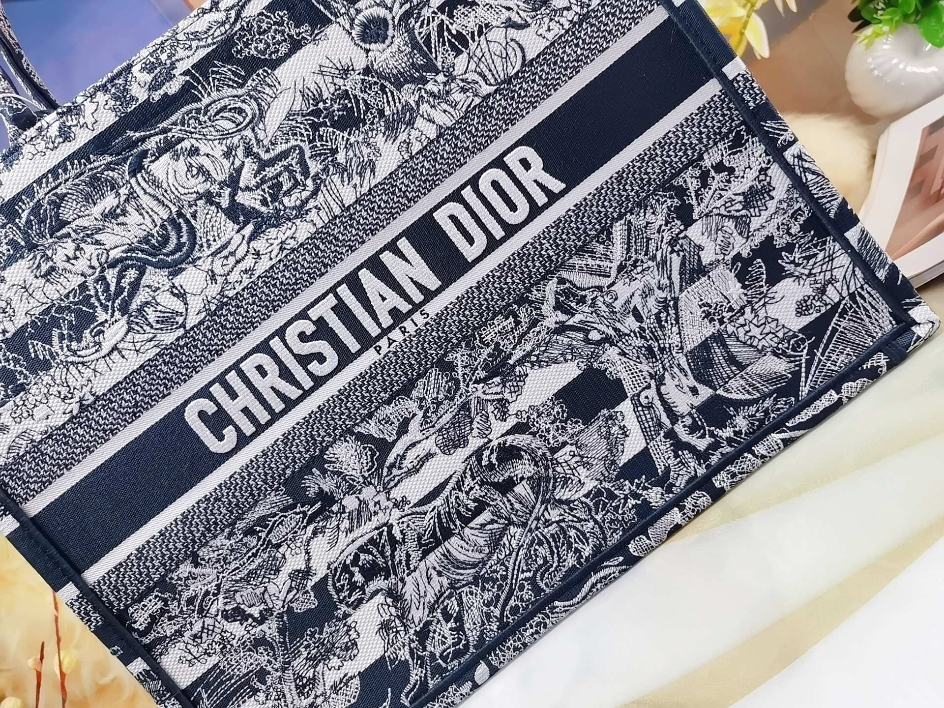 D*or large book tote bag in blue toile de jouy stripes embroidery