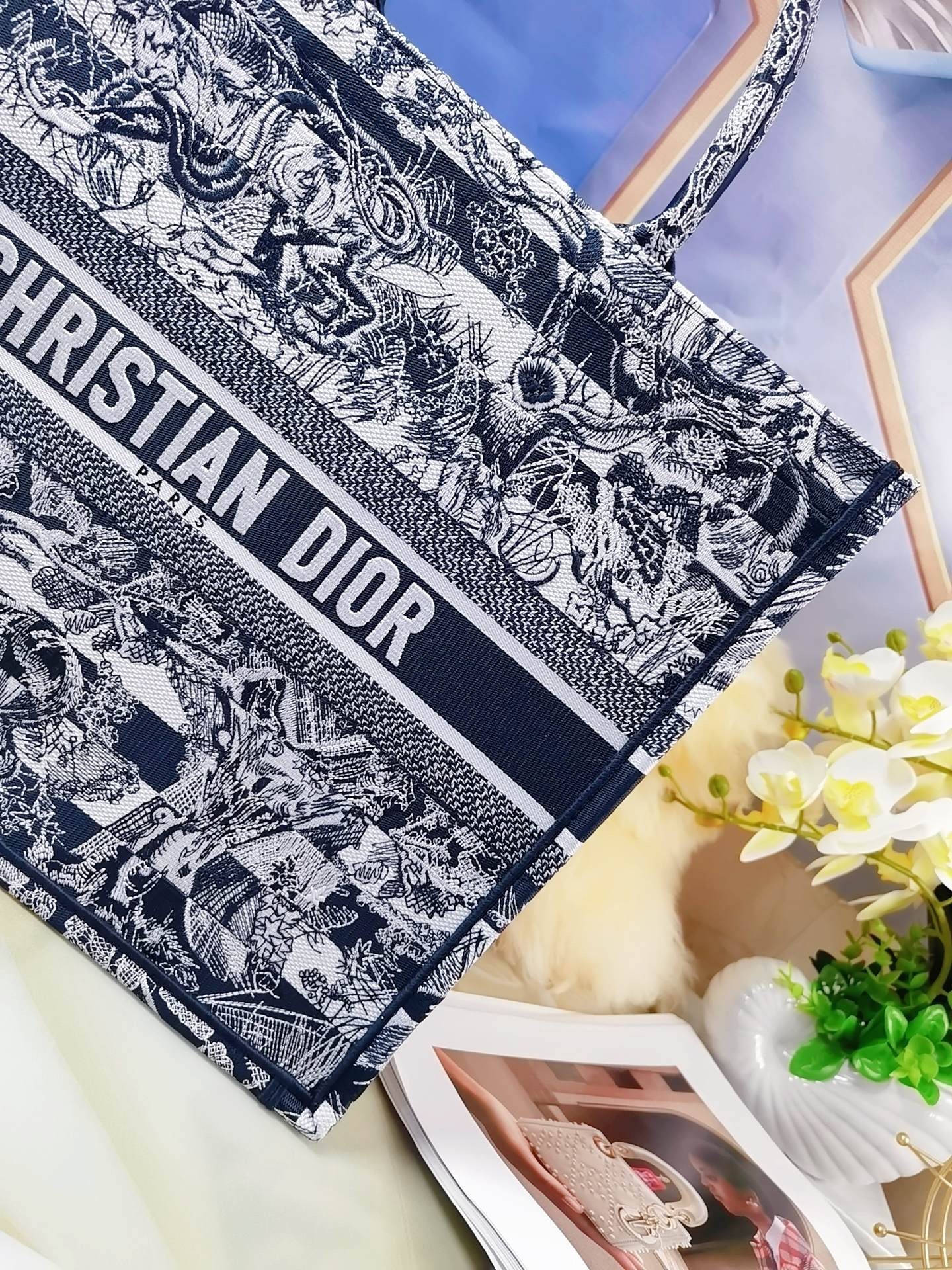 D*or large book tote bag in blue toile de jouy stripes embroidery