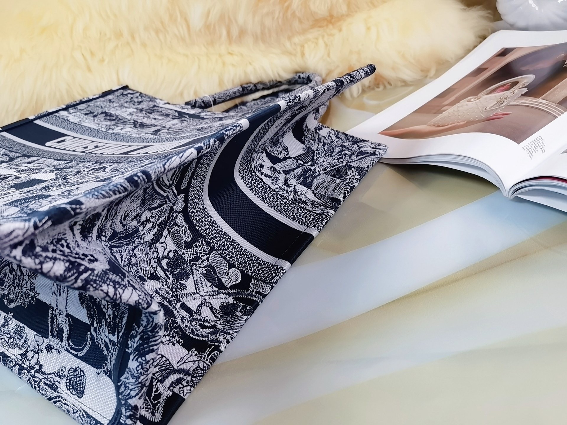 D*or large book tote bag in blue toile de jouy stripes embroidery