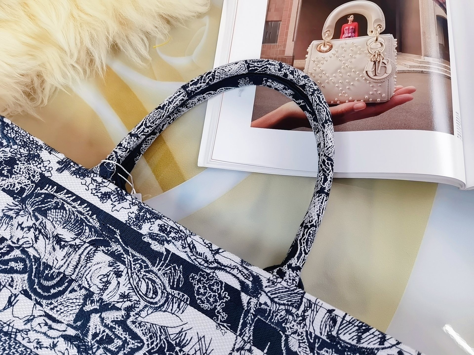 D*or large book tote bag in blue toile de jouy stripes embroidery