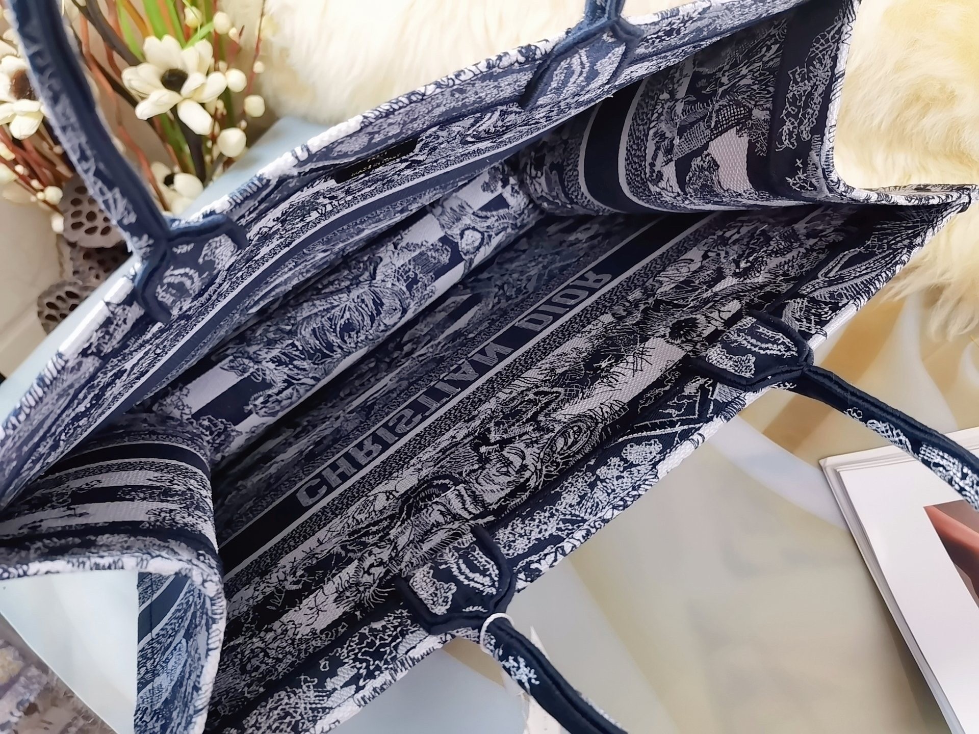 D*or large book tote bag in blue toile de jouy stripes embroidery