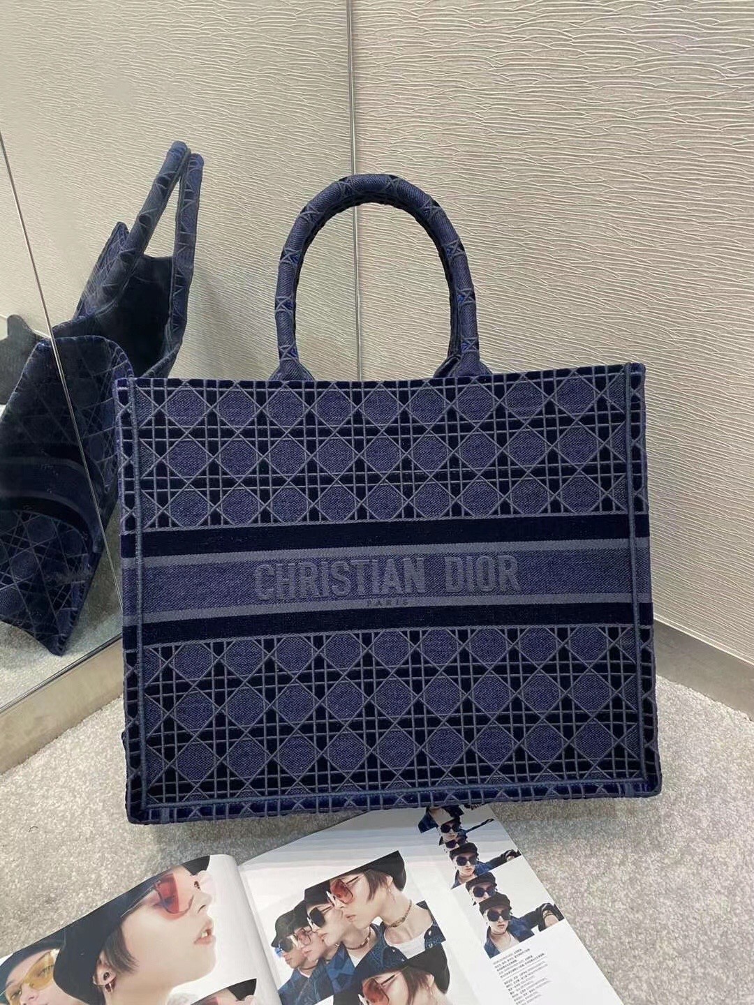 D*or book tote bag in blue cannage embroidered velvet