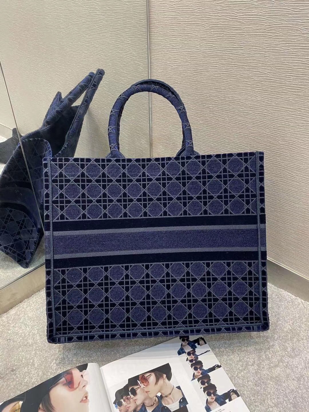 D*or book tote bag in blue cannage embroidered velvet
