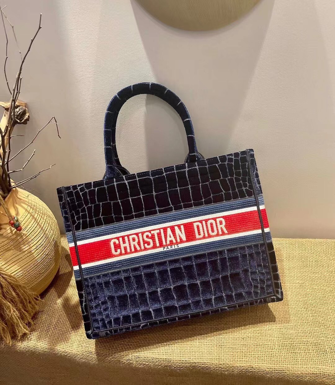 D*or book tote in blue crocodile-effect embroidered velvet