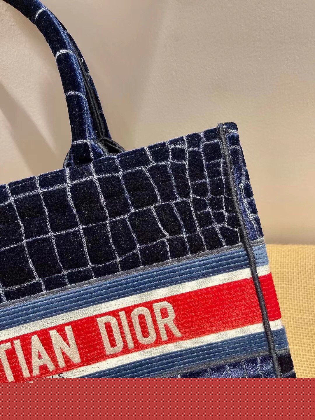 D*or book tote in blue crocodile-effect embroidered velvet