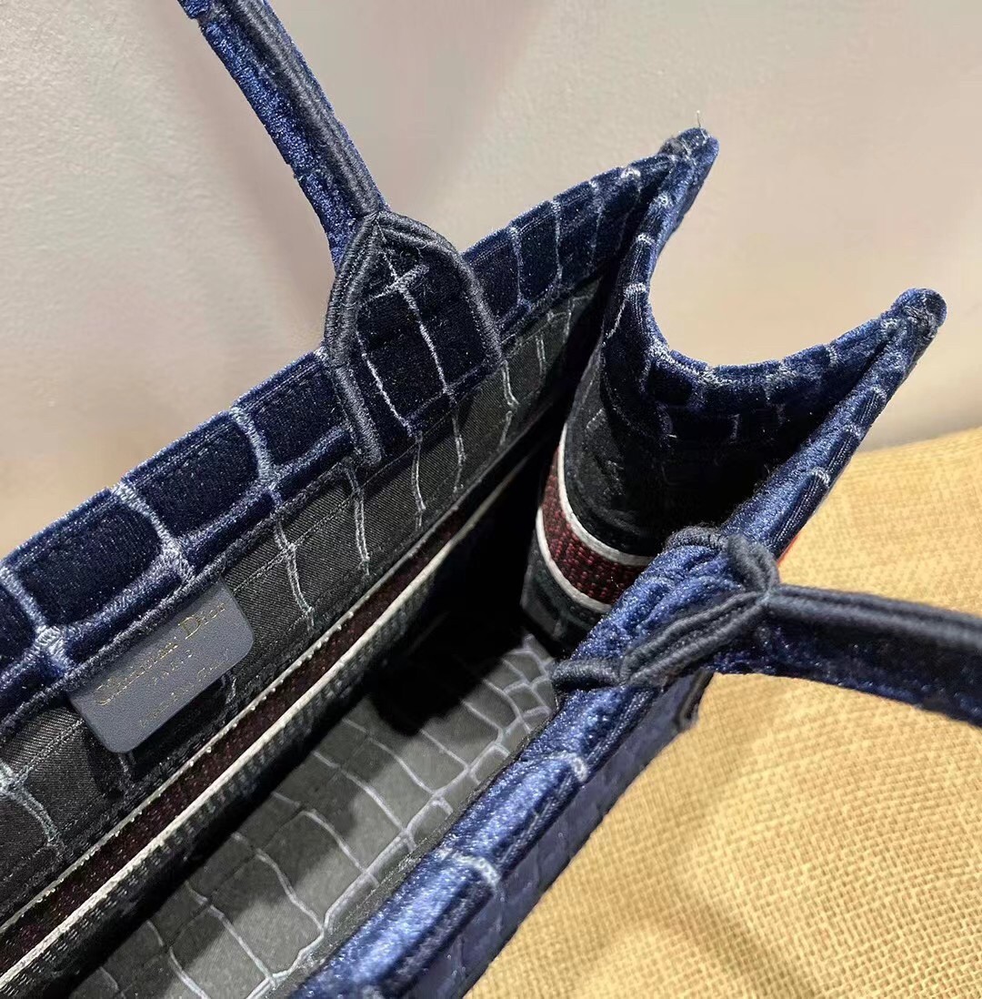 D*or book tote in blue crocodile-effect embroidered velvet