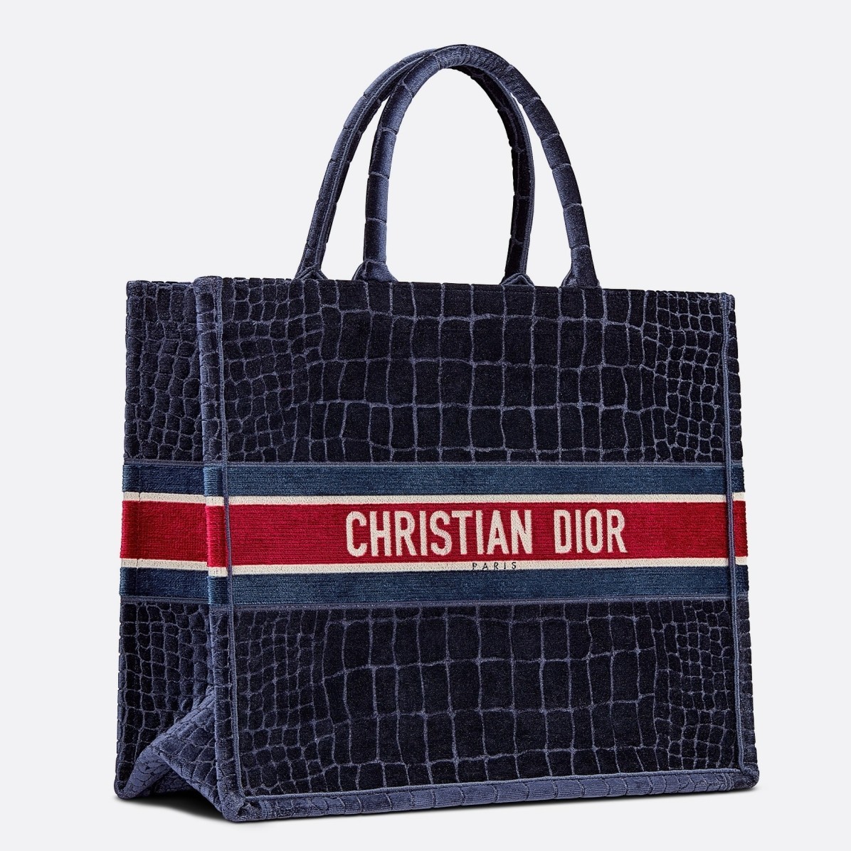 D*or book tote in blue crocodile-effect embroidered velvet