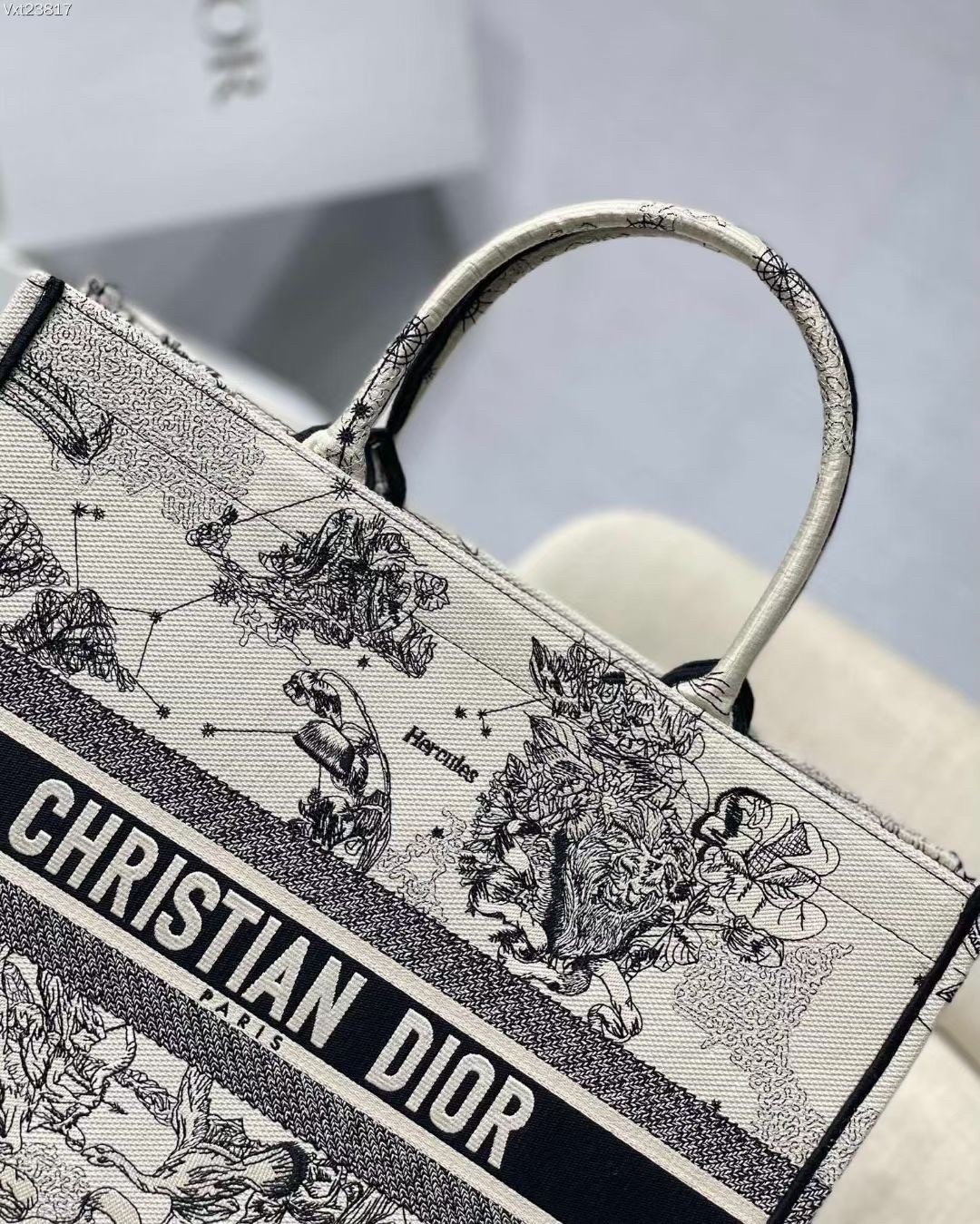 D*or large book tote bag in white toile de jouy zodiac embroidery