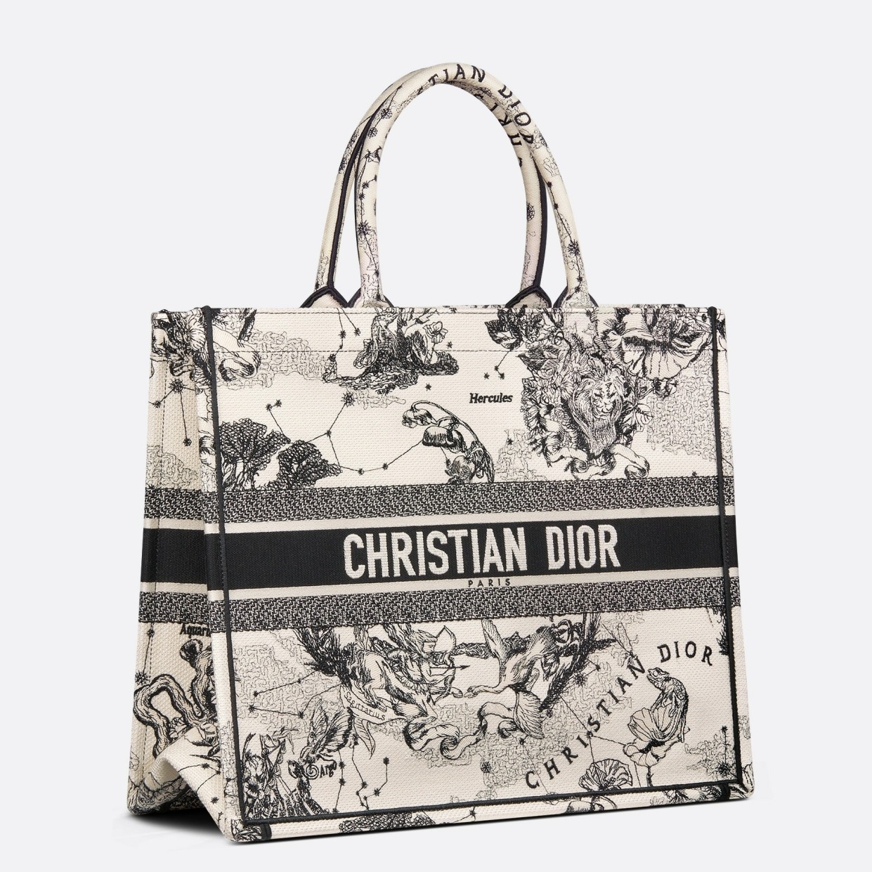 D*or large book tote bag in white toile de jouy zodiac embroidery