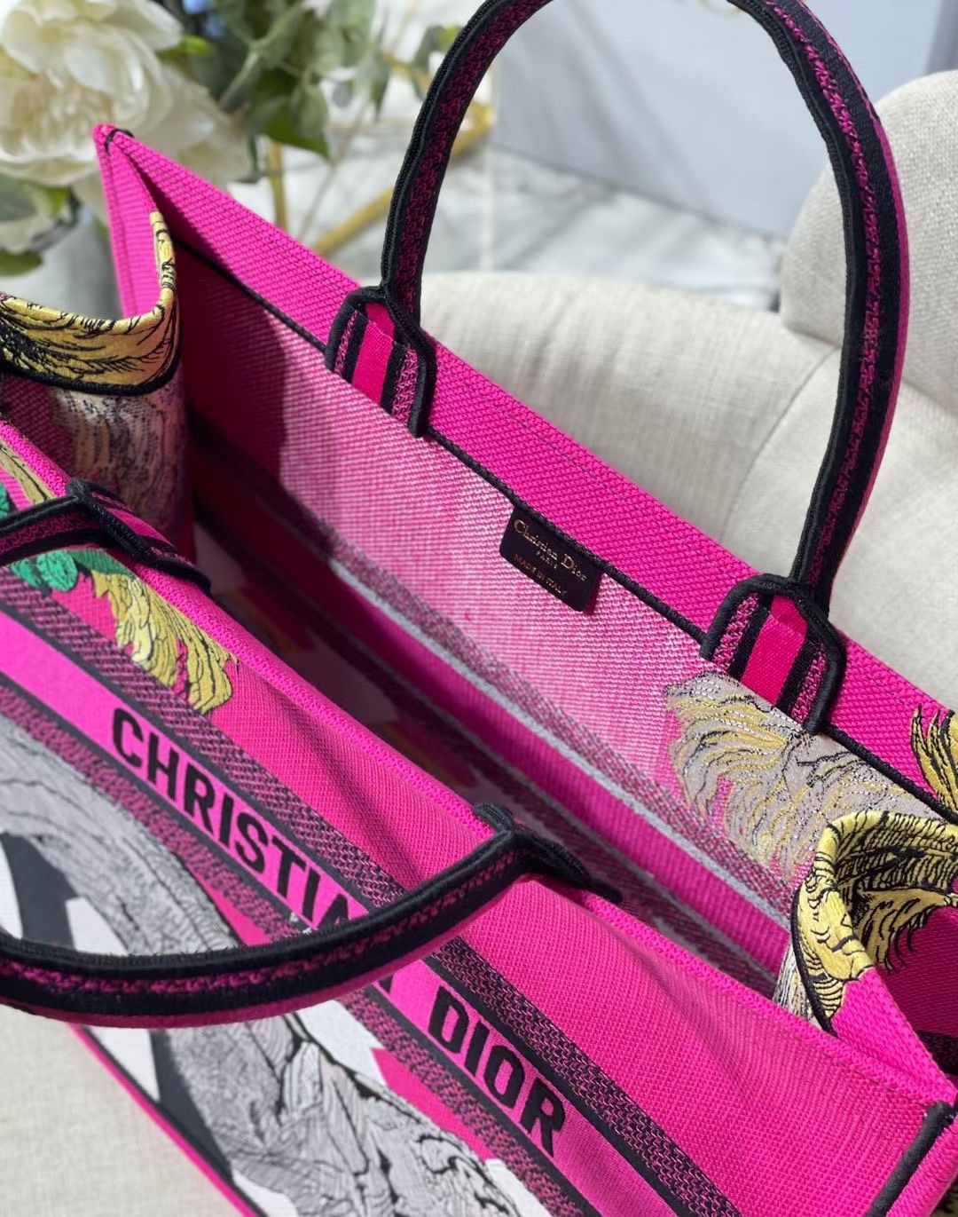 D*or large book tote bag in toile de jouy zoom pop embroidery
