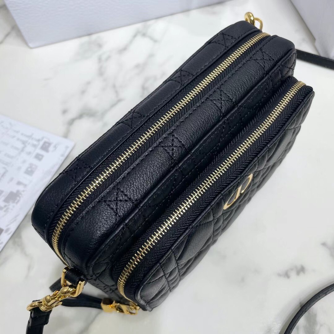 D*or caro double pouch in black cannage calfskin