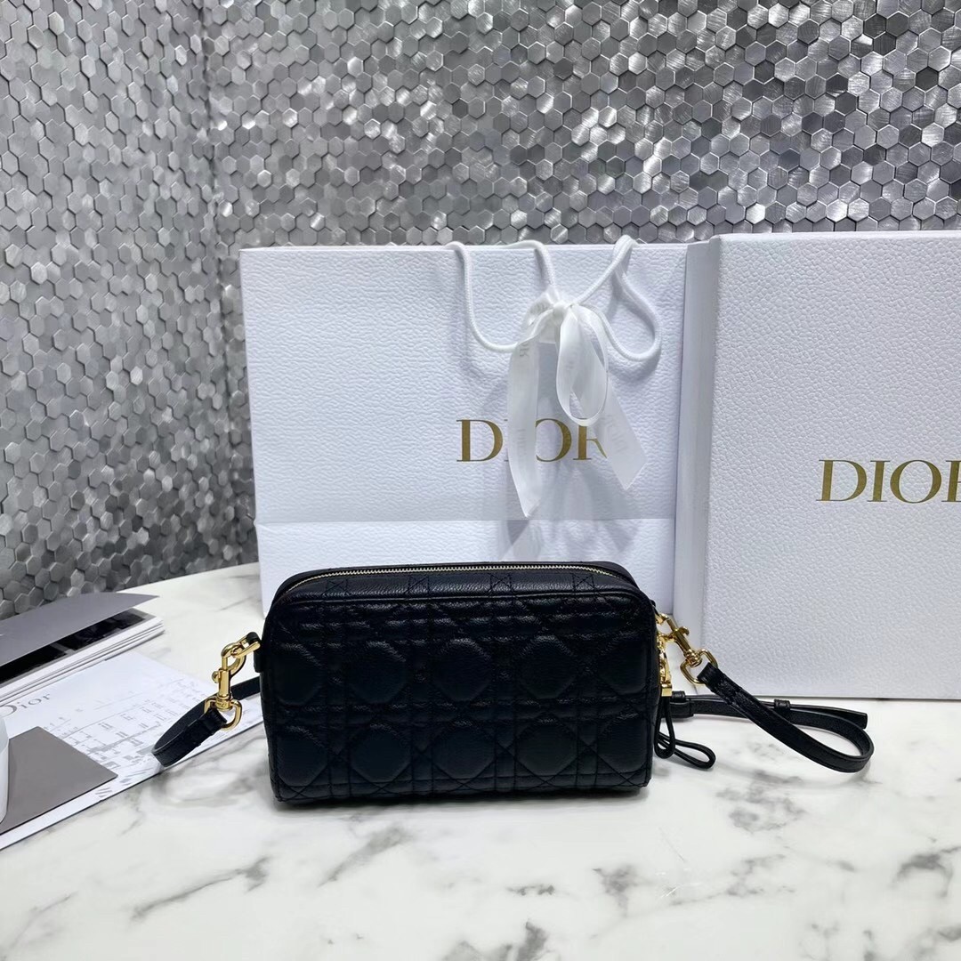 D*or caro double pouch in black cannage calfskin