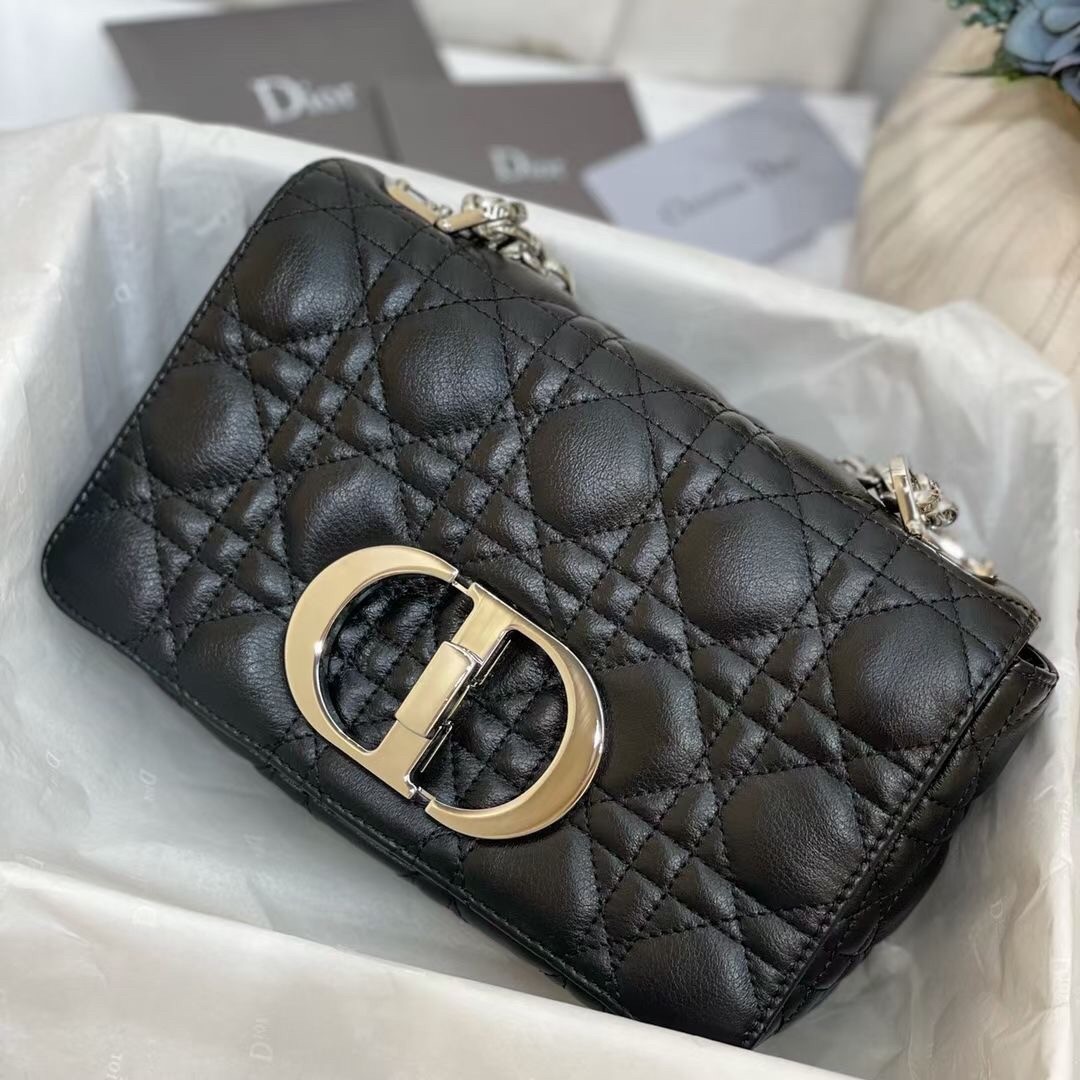 D*or small caro bag in noir cannage calfskin
